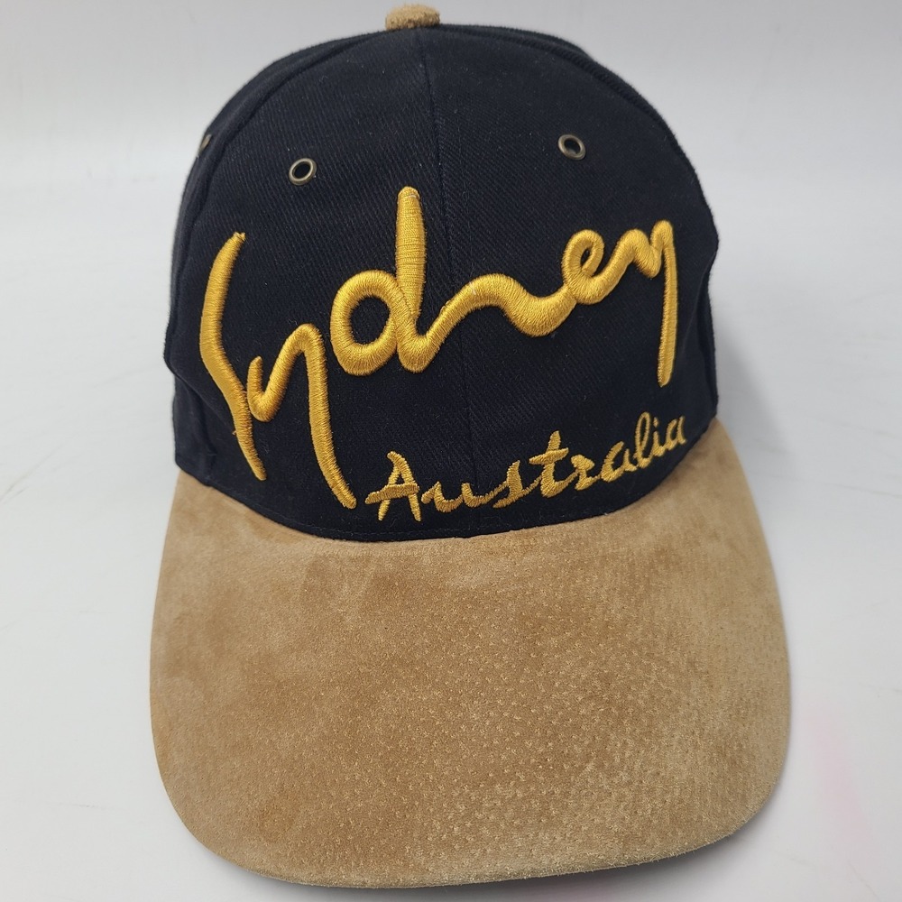 Vintage Sydney Australia Hat Adjustable Black Brown Cotton Suede Travel Wear Men